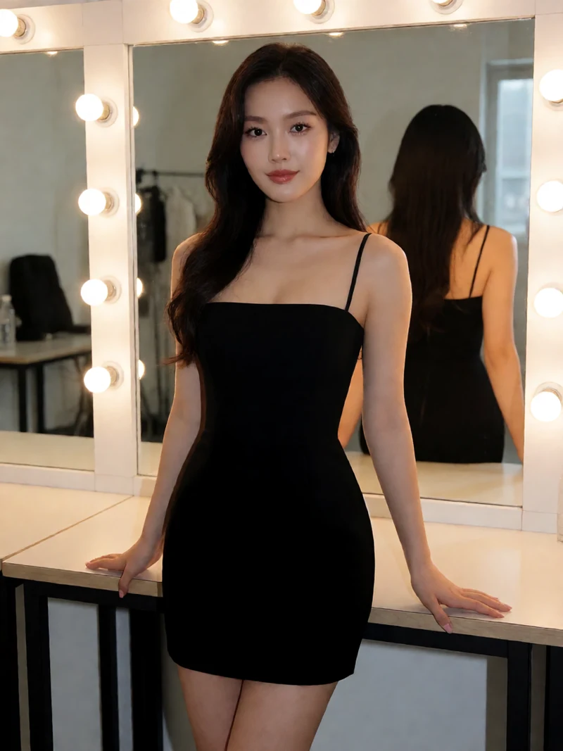 孟若羽人物索引配图：虚构成年女子穿黑色舞台裙站在镜前，并非孟若羽本人