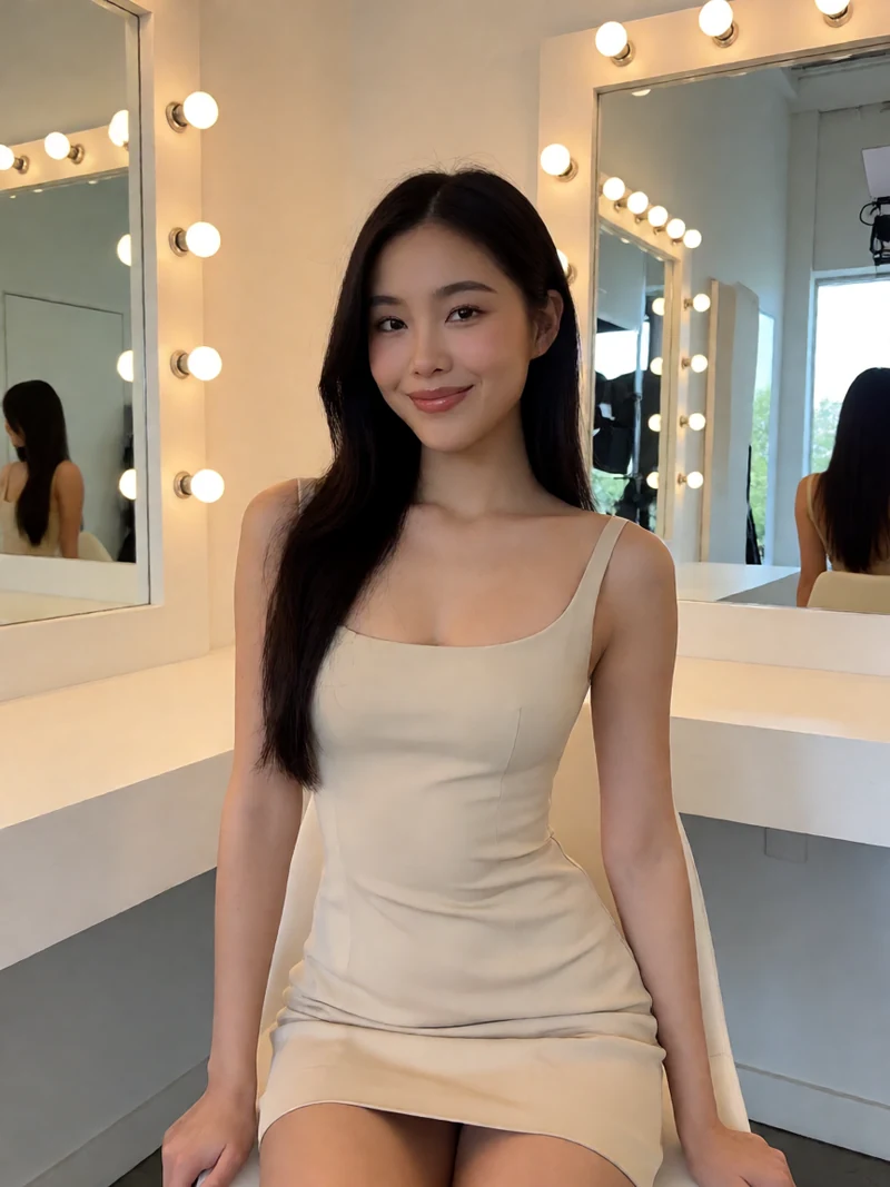 艾熙人物索引配图：虚构成年女子穿香槟色连衣裙坐在影棚休息室，并非本人