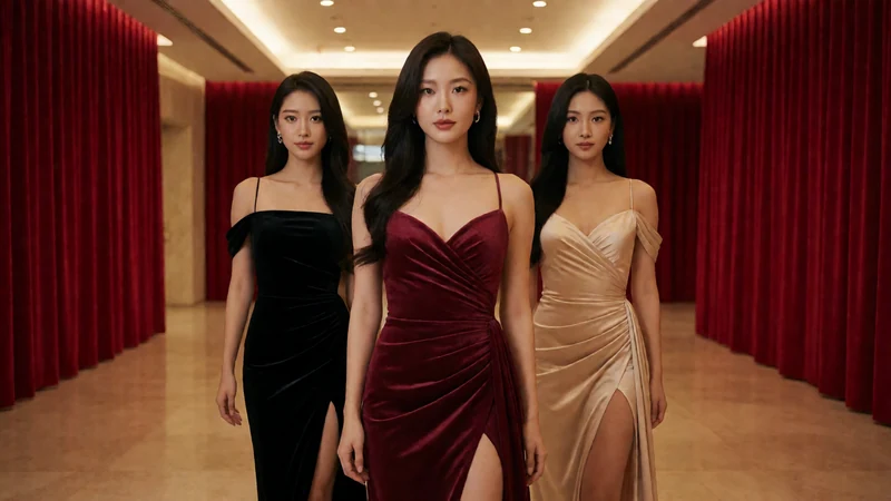 麻豆传媒系列介绍主题图：红色影棚帷幕前的虚构成年女演员群像，并非真实演出画面